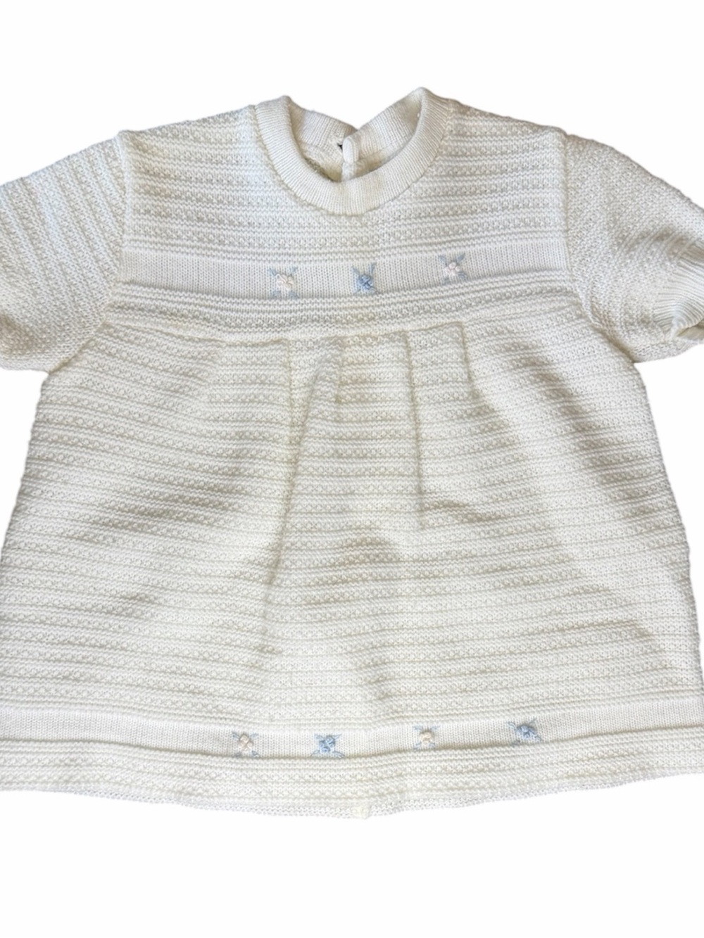 Vintage Nanette Baby Knit Dress Ivory Embroidered Flowers Short Sleeve 12-18M
